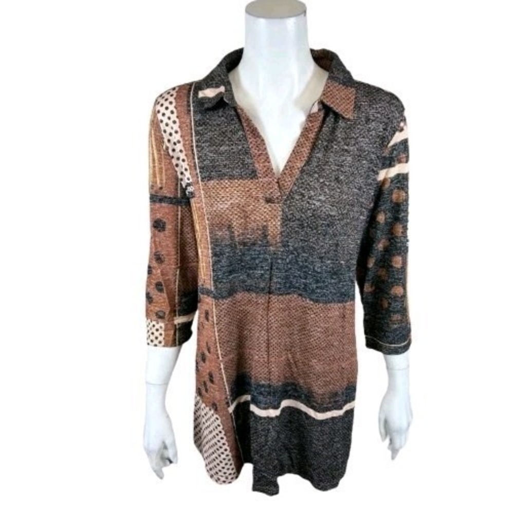 Attitudes‎ by Renee 2X Tunic Top Geometric Print Collared Lagenlook Art To Wear